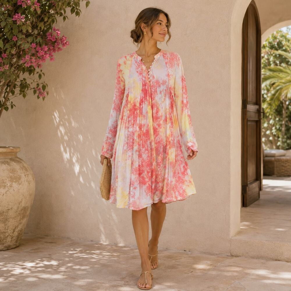 NATALIE MARTIN Fiore Sunrise Short Dress Tie Dye Pink Yellow Sz L $195 {AA48}